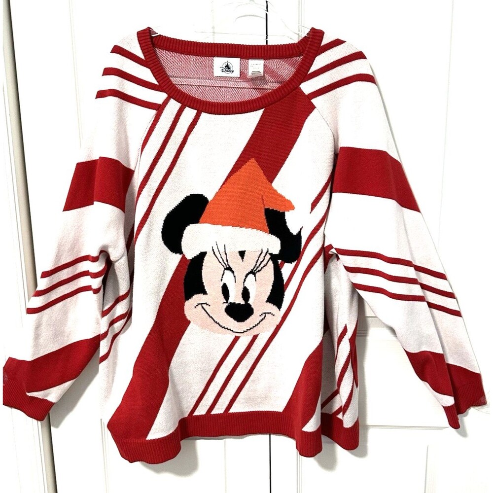 Disney Sweater Womens 2X 2XL Red White Holiday Christmas Minnie Mouse Santa